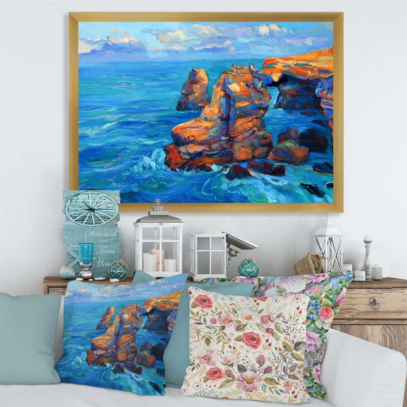 Falaises de l'océan bleu - Peinture sur toile, Cadre doré, H 12 po x l 20 po x p 1 po