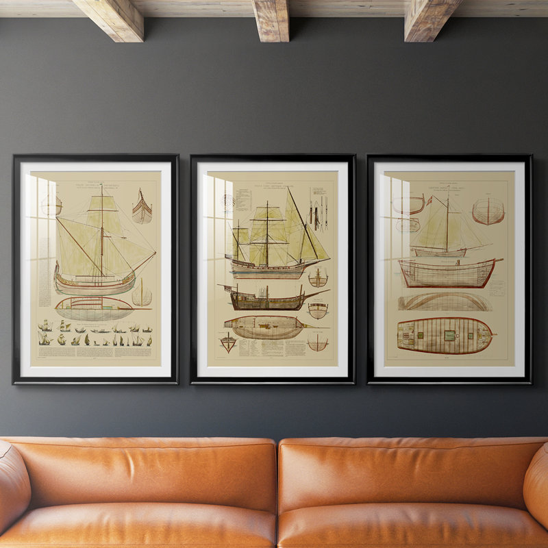 Antique Ship Plan I - Impression personnalisée de qualité supérieure avec cadre mat - 3 pièces, H 15 po x l 19 po