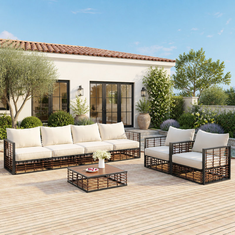 Ensemble de canapé d'angle moderne et minimaliste en métal sept pièces pour patio, avec coussins épais et table basse extérieure
