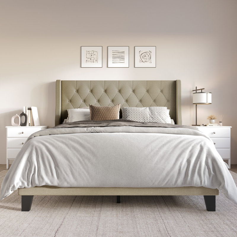 Araylia Upholstered Wingback Bed, Twin, Beige