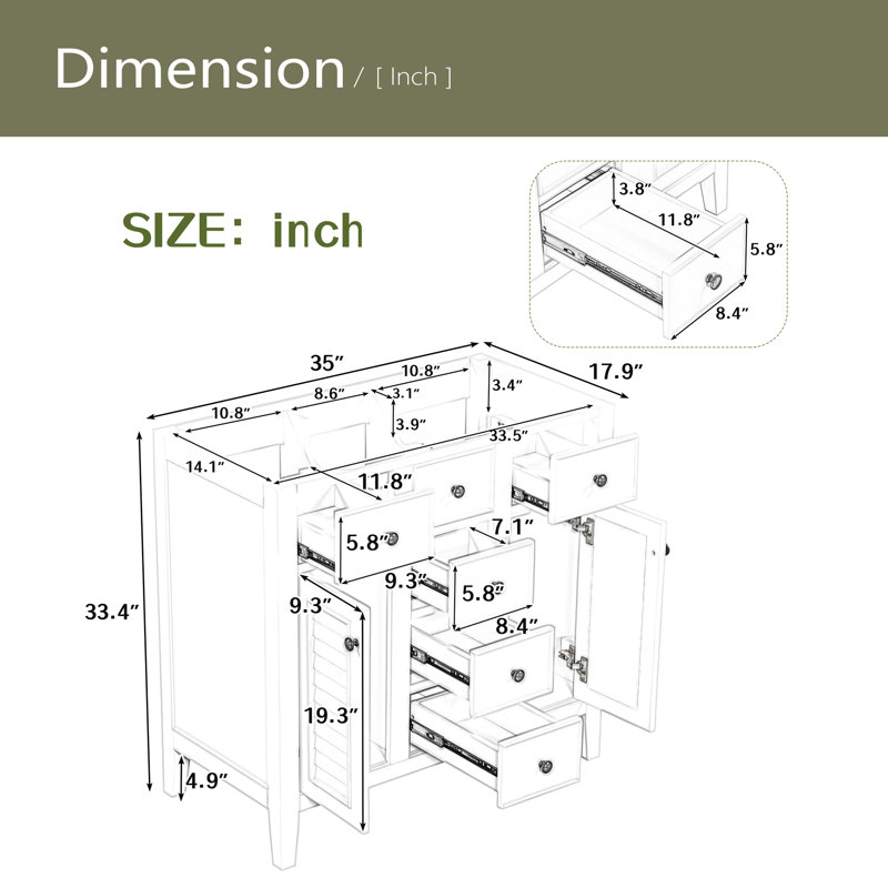 36" Bathroom Vanity Without Sink, Cabinet Base Only