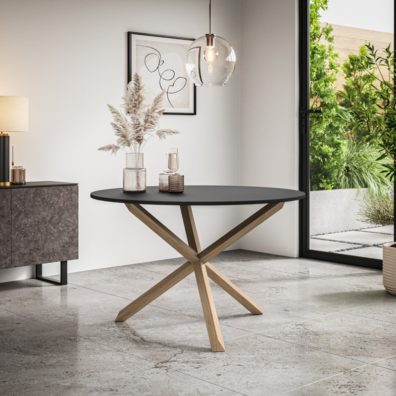 Davasher Round Dining Table Black Table Top w Solid Oak Legs, Tan, Black