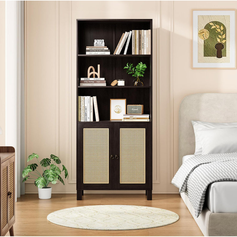 Tall Bookcase with Rattan Doors, 5 Tier Storage Wood Shelves Large Bookshelf for Library, Living Room, Bedroom, Home Office - Freestanding Organizer with Adjustable Shelves, Natural Accent Cabinet