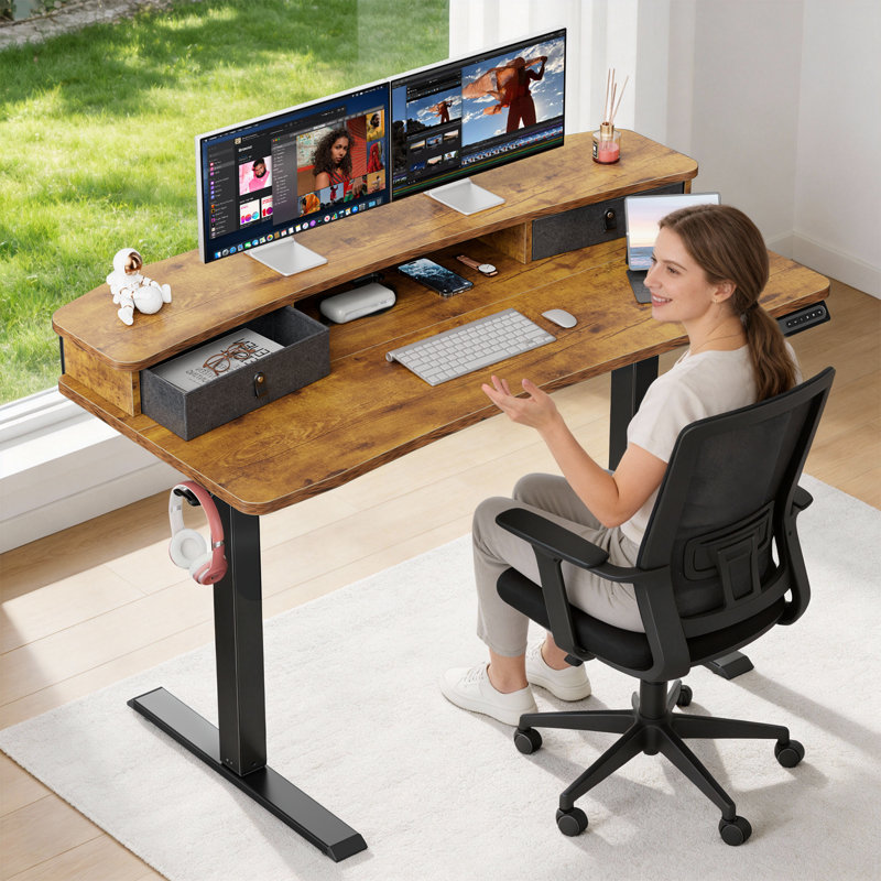 Bureau debout à hauteur ajustable avec tiroirs, compatible avec une fixation en C, avec deux tiroirs, Brun / Noir
