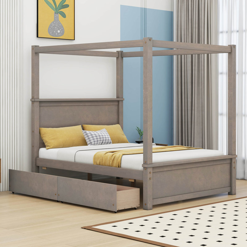 Patrise Full Size Wood Canopy Bed with two Drawers, Brushed Light Brown