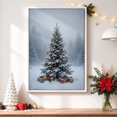 Snowy Christmas Tree with Red and Gold Ornaments, Framed Canvas Wall Art, White Frame, 16 x 24 Inch