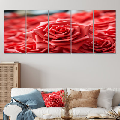 Red Floral Rhythmic Radiance - Art géométrique abstrait 5 pièces pour le salon