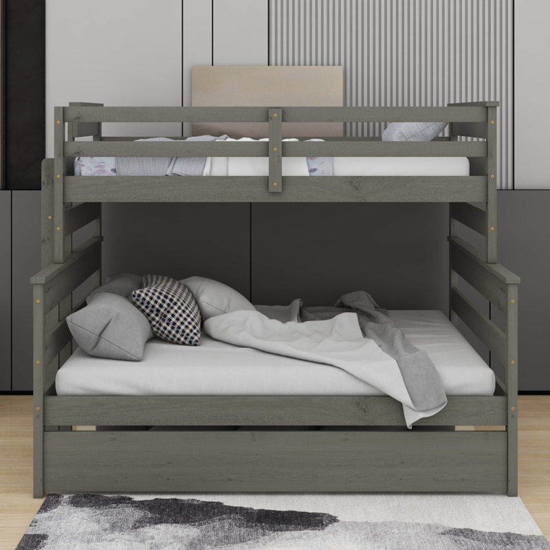 Wood Twin Over Full Bunk Bed With Twin Size Trundle, Gray