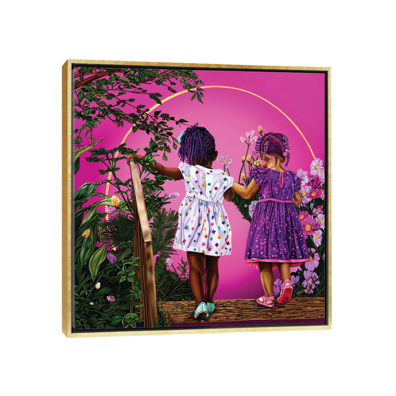 Voyage avec ma sœur-impression d’art graphique, Pas de tapis, H 26 po x l 26 po x P 1,5 po, Toile encadrée d'or