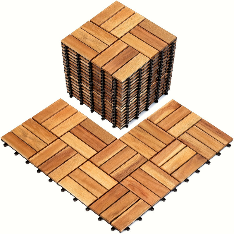 10 tuiles de terrasse en bois d'acacia emboîtables 10 pièces, plancher extérieur et intérieur 11,8 po x 11,8 po pour patio, jardin, balcon