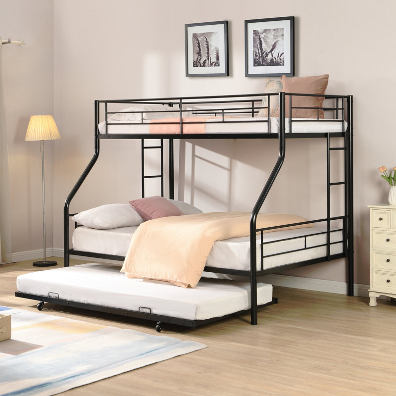 Lit simple superposé au dessus d'un lit double avec lit gigogne en métal, aucun sommier requis, assemblage facile