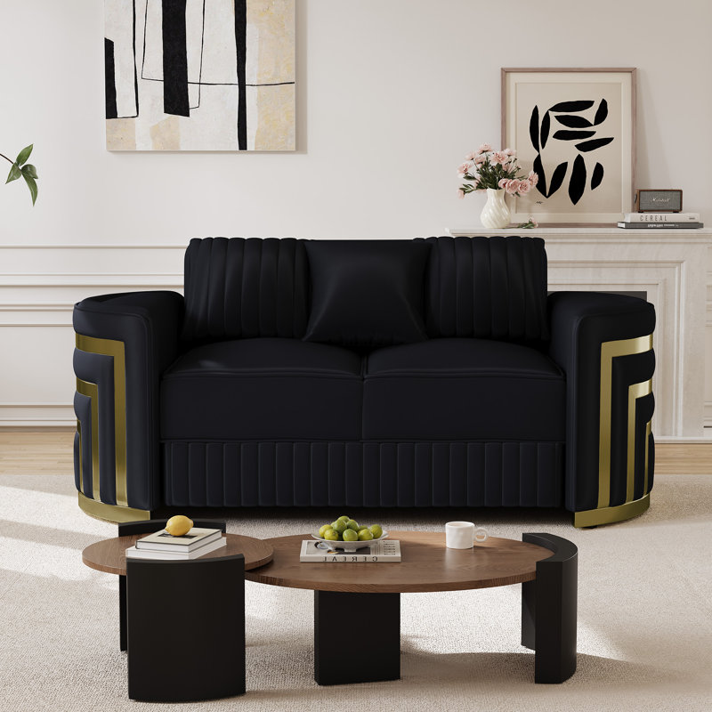 65" Modern Velvet Loveseat with Crescent Gold Accent Arms Removable Cushions, Black, 29.5" H x 65.2" W x 34.2" D