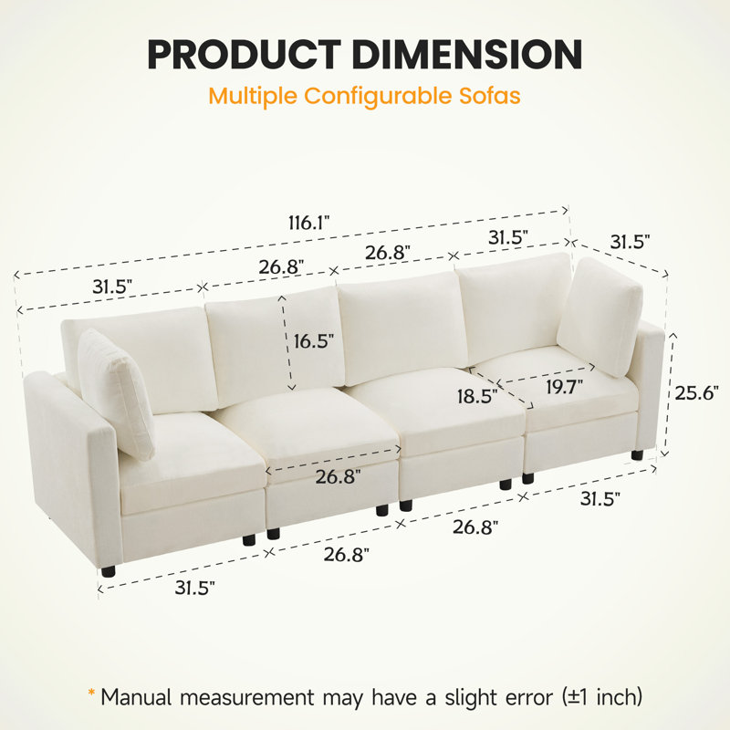 Modern Modular Sofa, 4-Seater Chenille Sectional, Beige