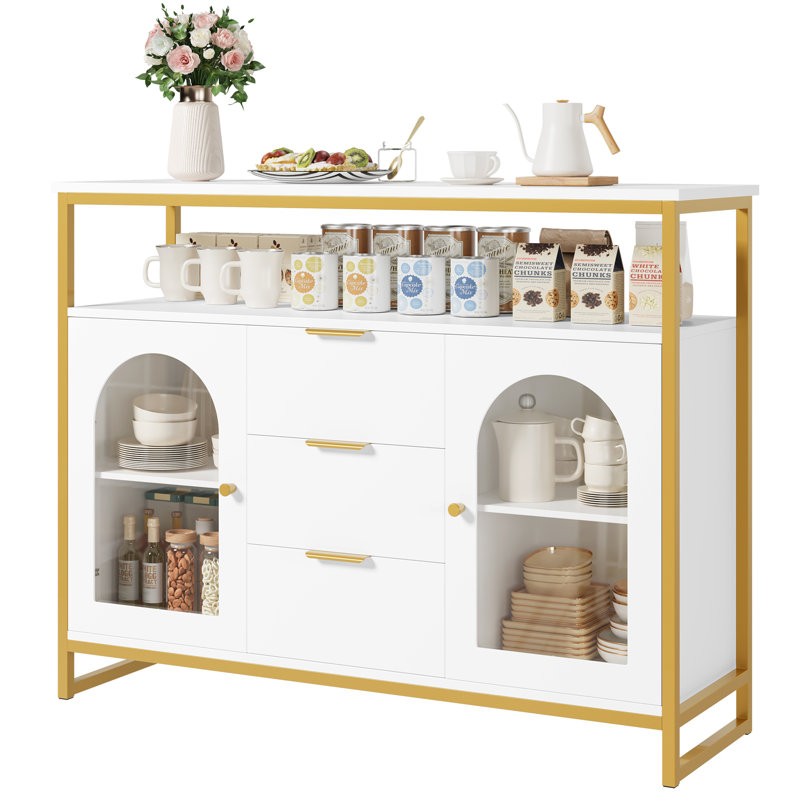 Buffet 3 tiroirs, blanc et or