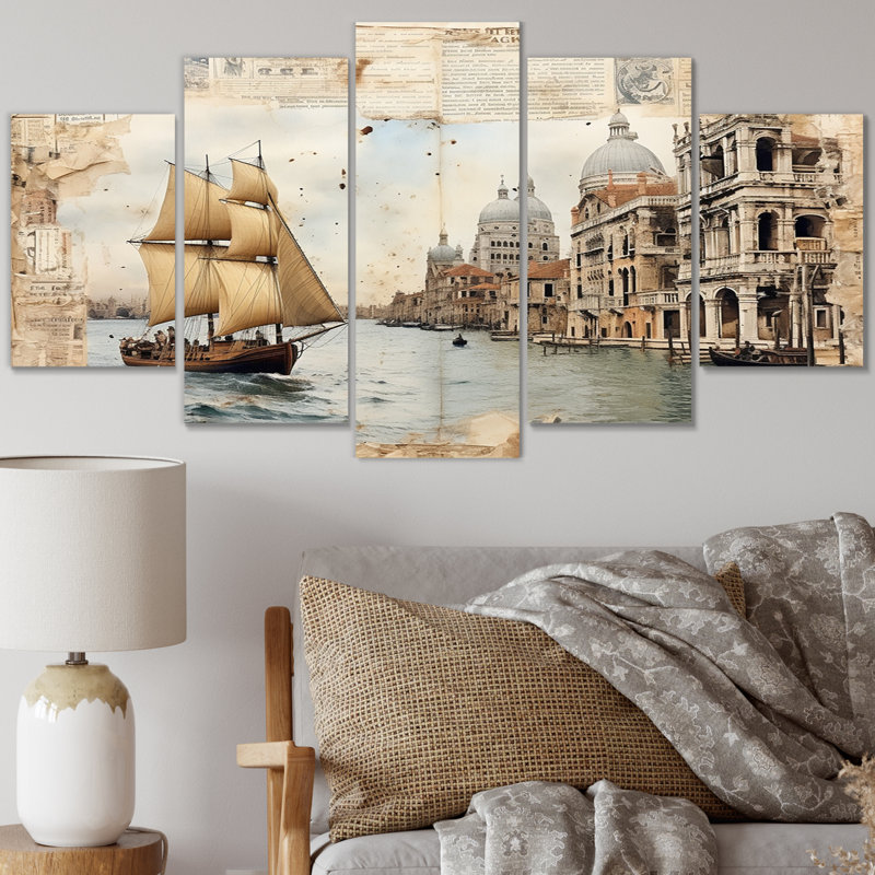 «Venice Nostalgia Vintage Journal Collage» - décoration murale Venise - 5 panneaux