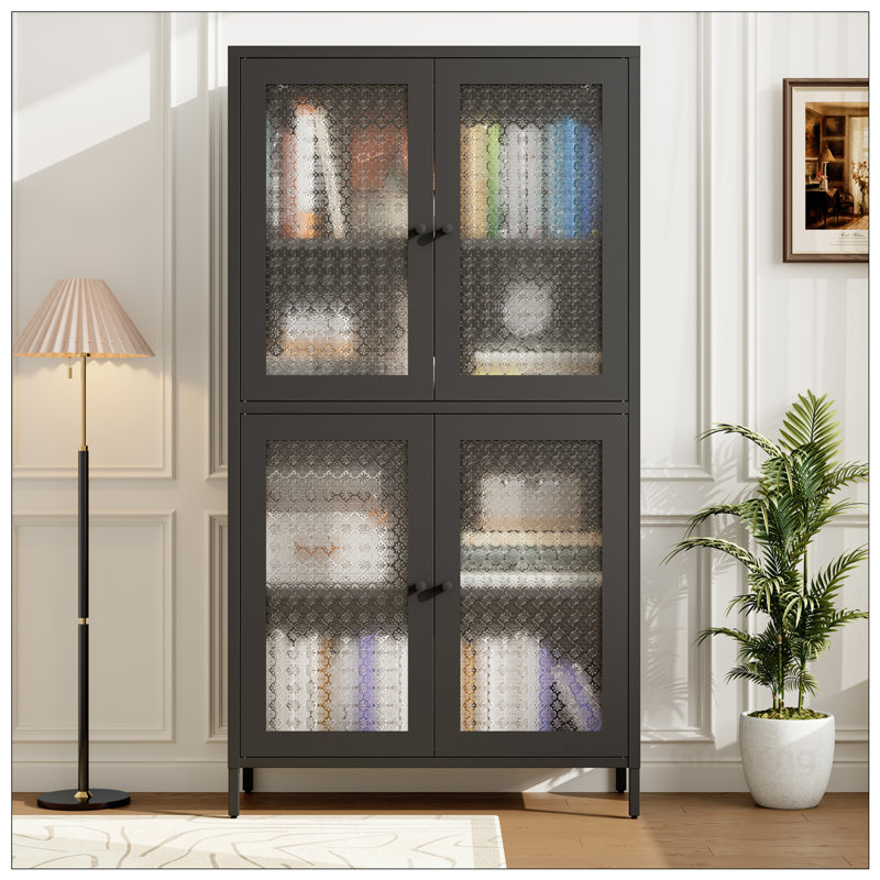 Armoire de rangement classique en métal avec 4 portes en verre et 4 tablettes réglables pour une utilisation polyvalente à la maison et au bureau