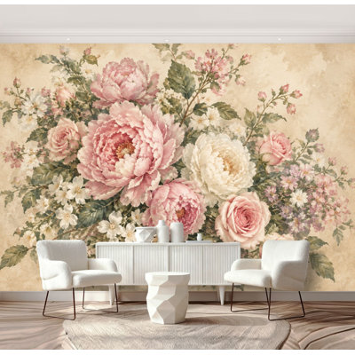 Papier peint adhésif vintage à motif floral (roses et pivoines blanches), 175 cm (H) x 244 cm (L), en PVC amovible et autocollant, idéal pour chambre, salon ou bureau.