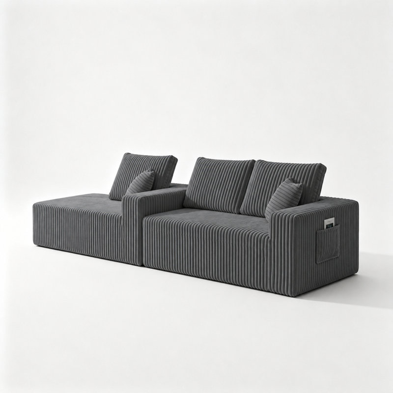 Canapé modulaire en forme de L en flanelle désossée avec siège profond, choix de méridienne orientée vers la gauche, double poches latérales, aucun assemblage requis