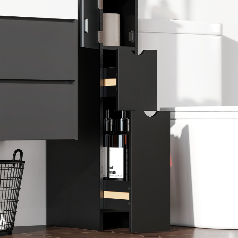 Armoire de salle de bain étroite avec tiroir, tablettes ouvertes, noir