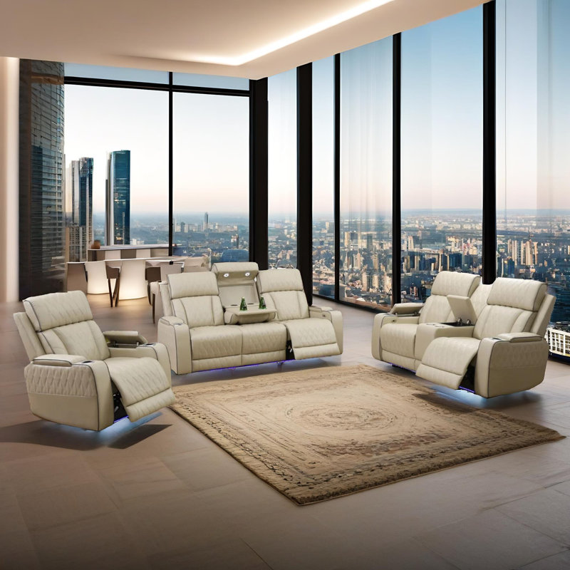 Alabaster Beige Leather Living Room Recliner Sofa set, with wireless charging station