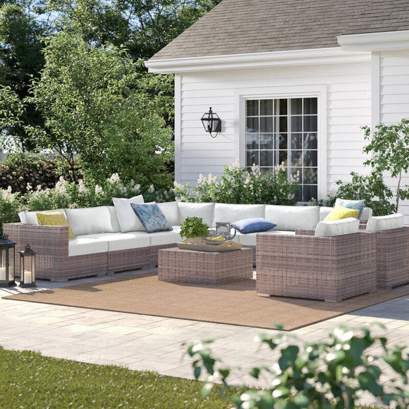 Hepscott Wicker Fully Assembled 8 - Person Seating Group with Sunbrella Cushions, Canvas, Mixed Gray