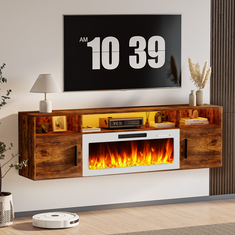 Floating Fireplace Tv Stand 70'' Wall Mounted Shelf, Brown