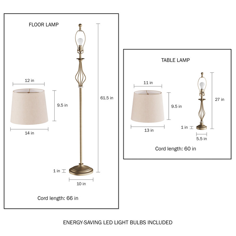Jaclynn Table and Floor Lamps - 3 Piece Matching Curved Openwork Steel Lighting for Living Room, Bedroom, Office - Energy-Efficient LED