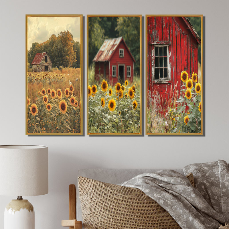 Tournesols par le poulailler I - Collection de décorations murales tournesols, H 40 po x l 60 po, Doré