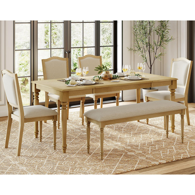 6 Piece Dining Table Set - Includes One Dining Table, 1 Upholstered Bench, 4 Wood Dining Chairs, Farmhouse Dining Set, Oak