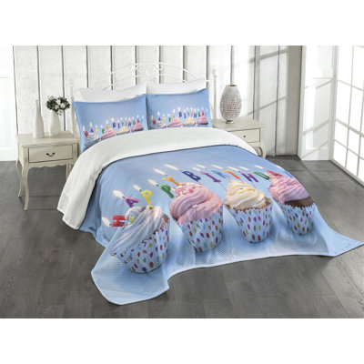 Ambesonne Blue Bedspread Set 3 Pcs Cupcakes Letter Candles Queen Multicolor