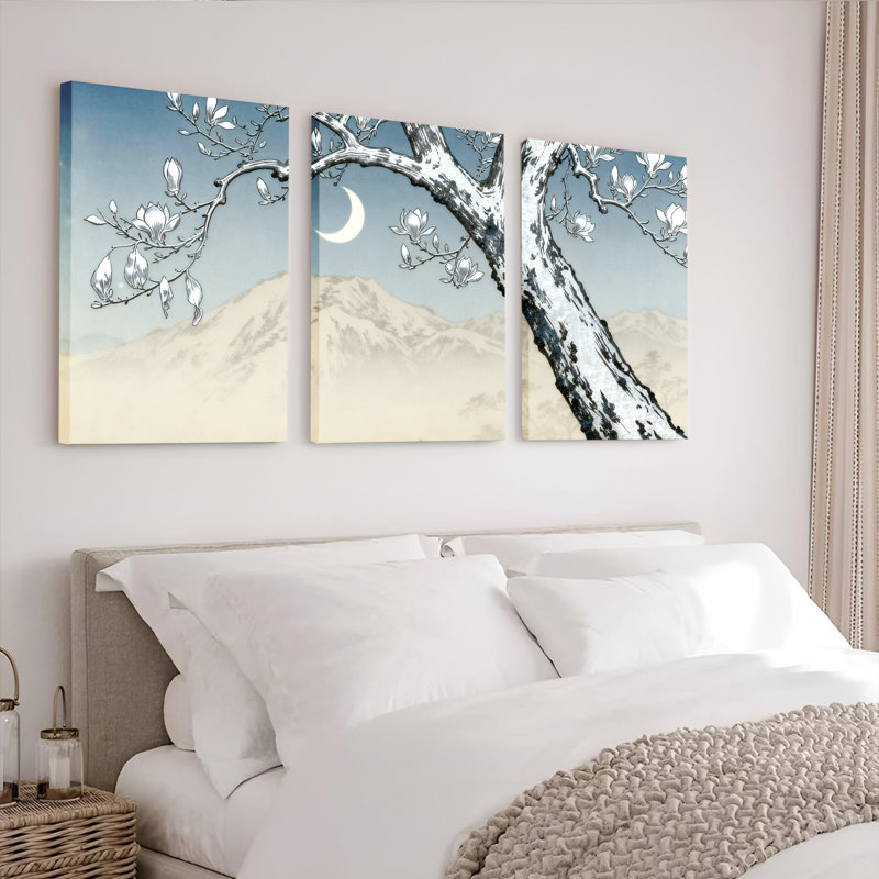 Ensemble de 3 toiles murales « Paysage de magnolia au clair de lune », H 18 po x l 36 po