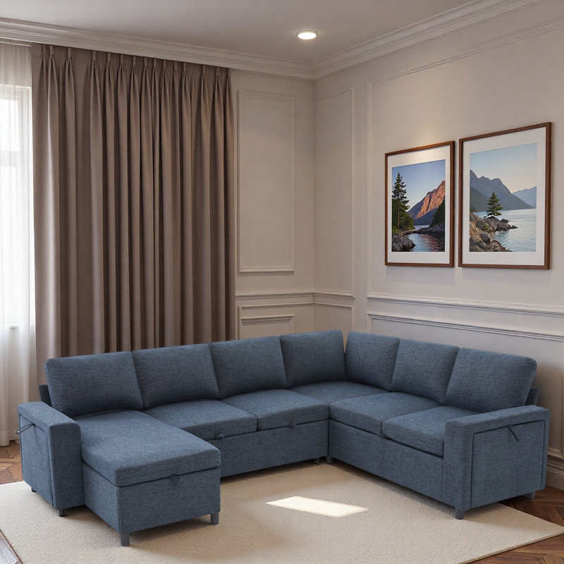 Canapé-lit modulaire en U convertible avec rangement, ports de chargement USB et porte-gobelets, Blue Chenille