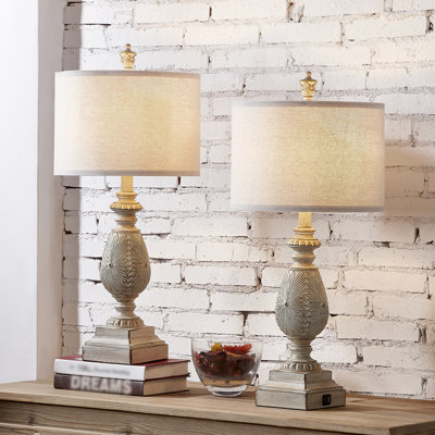 26.25" Traditional Bedside Table Lamp Set with USB Ports, Bulbs