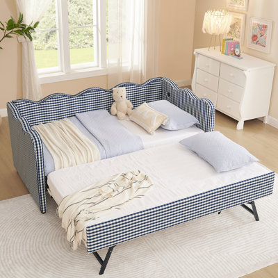 Twin Daybed With Trundle, Navy Linen Upholstered, Pattern, Wave Shaped, Port For Charging Gadgets, Multifunctional Daily Use, Rounded Corners , Quick And Easy Assembly Cozy Fabric , Shape, Charging,