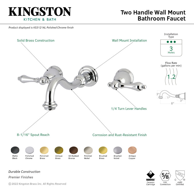 Kingston Brass Vintage Two-Handle 3-Hole Wall Mount Bathroom Faucet, Matte Black
