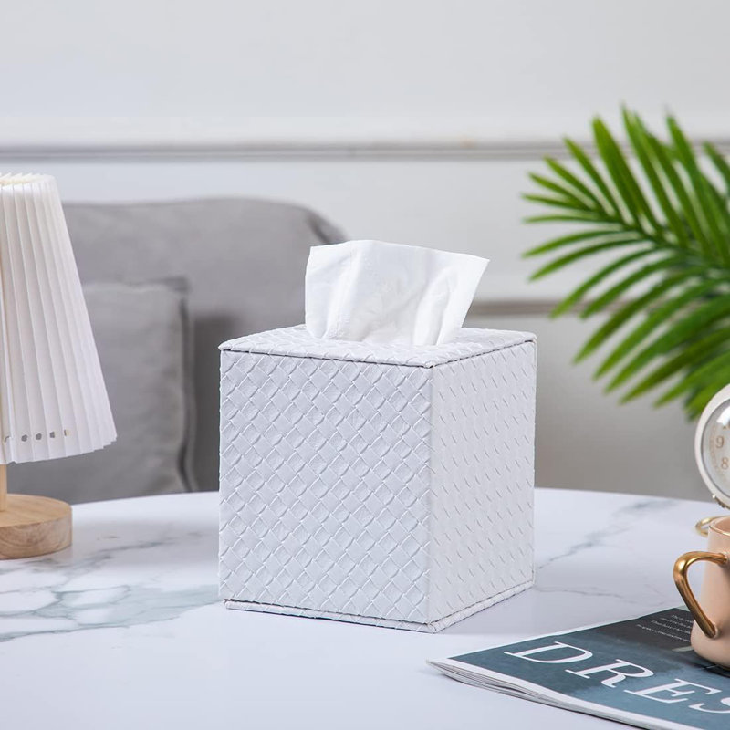 Square PU fabric Tissue Box Cover, White