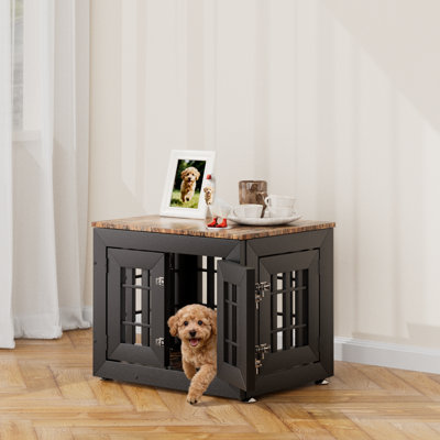 26" Heavy Duty Dog Crate Furniture For Small,medium And Large Dogs,rustic Wooden Dog Cage Kennel Indoor Furniture With Waterproof Top,decorative Pet House Side End Table (black & Wood)