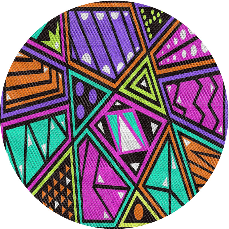 Tapis mauve à motifs/vert lumineux/orange, Rond 3 pi