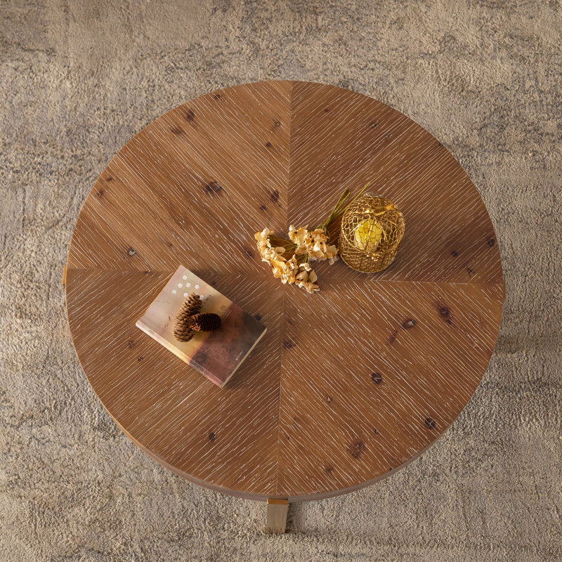 Table,Modern Retro Splicing Round Coffee Table,Fir Wood Table Top With Gold Cross Legs Base