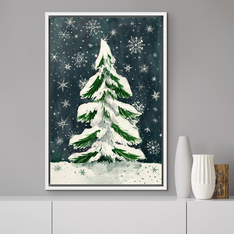«Snowflake Snow Covered Christmas Tree Winter Modern Holiday Decor», reproduction d'art sur toile encadrée, Blanc
