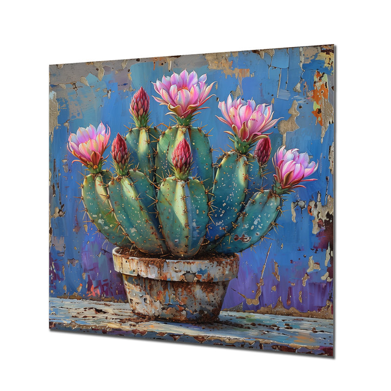 Cactus rose en poterie du désert - impression d'art mural cactus floral, H 16 po x l 16 po x P 1 po, Métal métal