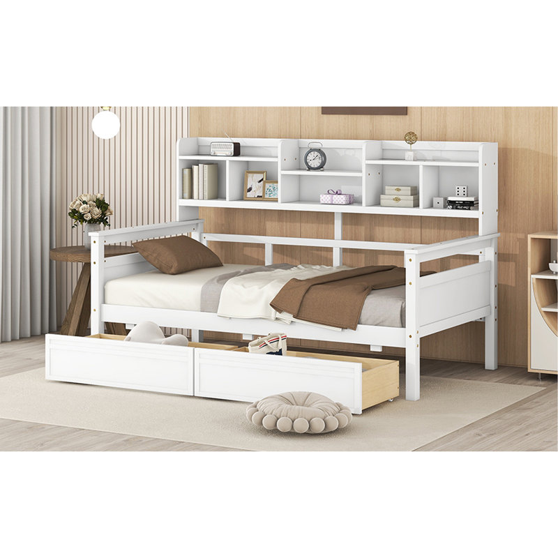 Lit de jour simple, support en lattes de bois, avec tablettes de chevet et deux tiroirs, blanc