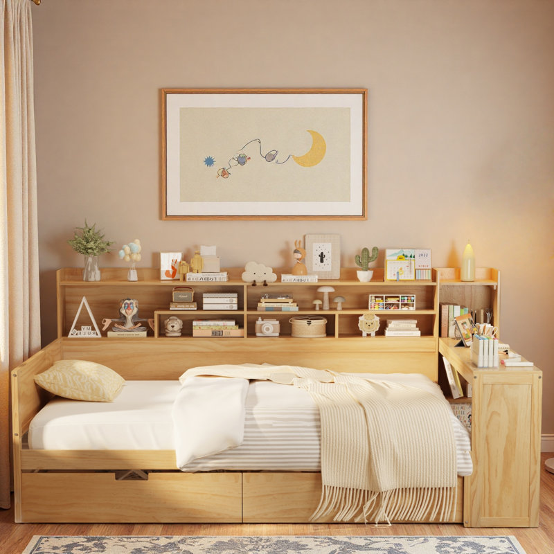 Lit de jour en bois avec tablettes de rangement, 2 tiroirs de rangement et bureau d'étude, Naturel