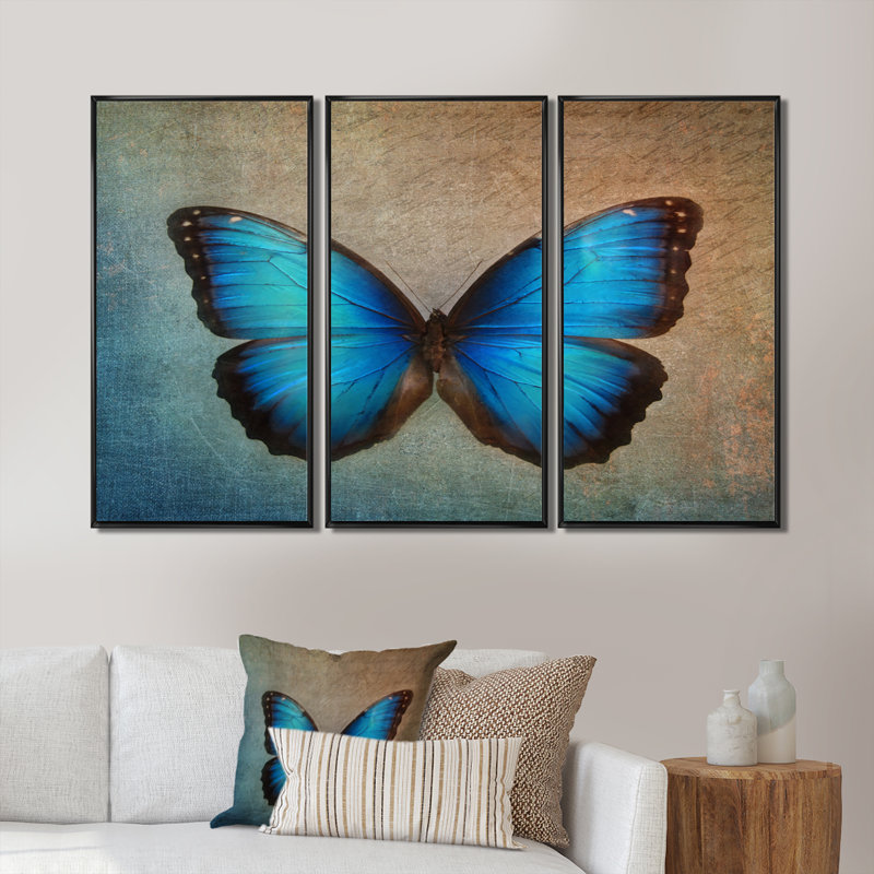 «Blue Vintage Butterfly», ensemble d'art mural sur toile à motif floral, H 28 po x l 36 po, Noir, noir, noir, noir