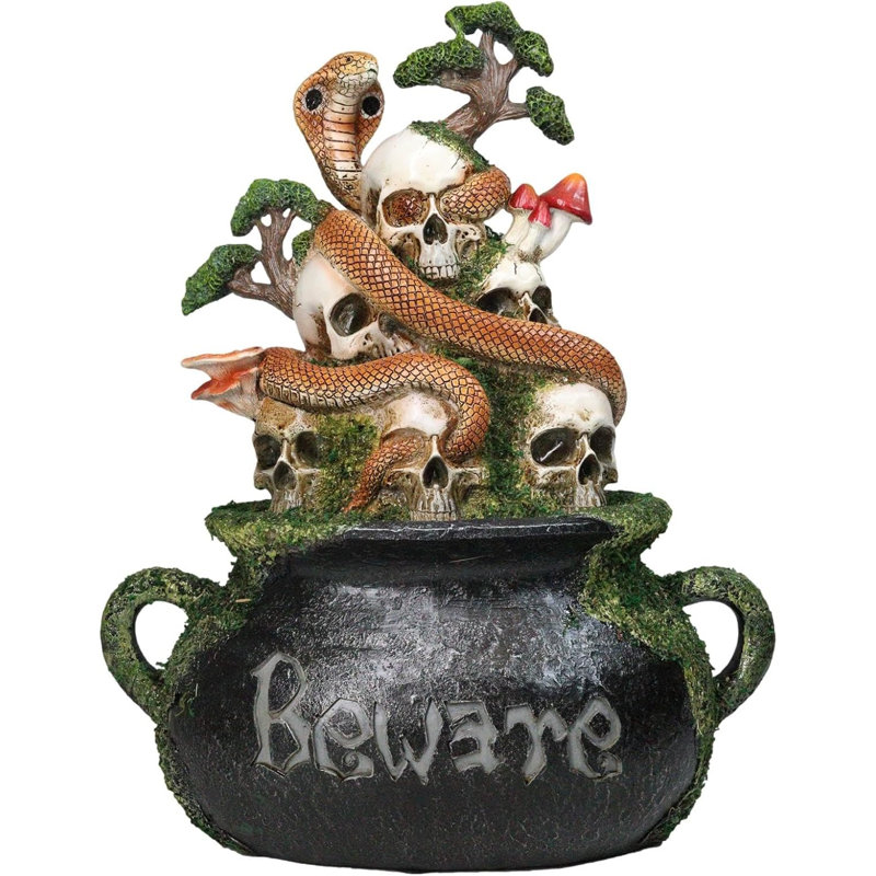 Witchcraft Magic Skulls Mushrooms Herbs Cobra Snake Beware Cauldron Pot Figurine