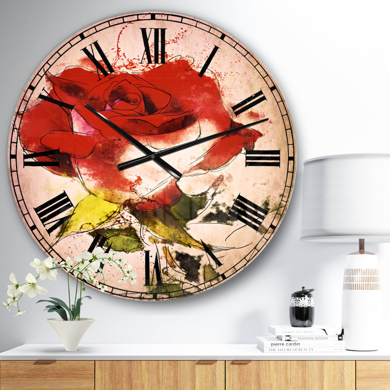 Aquarelle de rose à la main - horloge murale traditionnelle, Surdimensionné