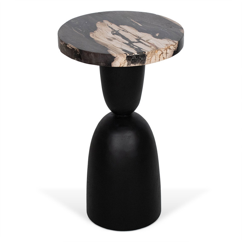 Marguis Hand-Polished Solid Wood Accent Table with Hourglass Petrified Wood Top, Black