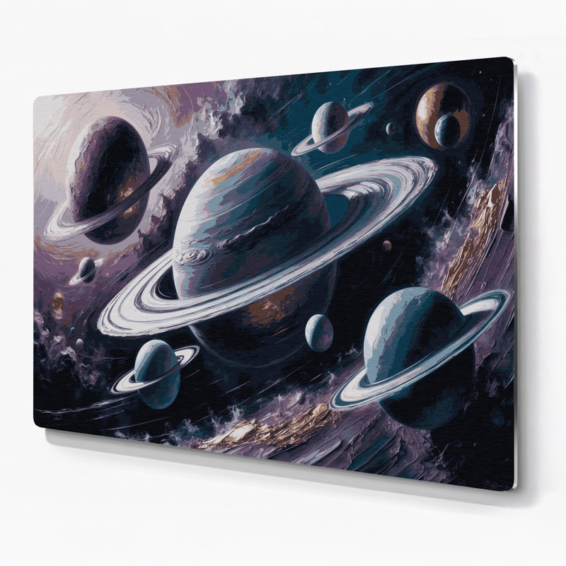 Art mural en métal gris avec planètes de science-fiction, H 24 po x l 36 po