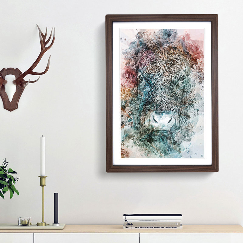 Colourful Bull Cow in Abstract - Picture Frame Graphic Art Print, 36cm H x 27cm W x 2cm D, Walnut Framed