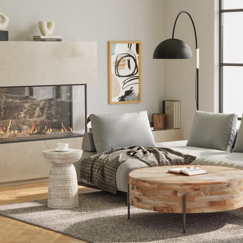 Table d'appoint contemporaine en bois de manguier massif avec finition texturée, entièrement assemblée, Blanc délavé